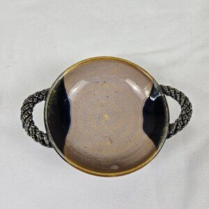 Studio Pottery Handmade Small Trinket Dish Bowl with Double Handles Cream Black